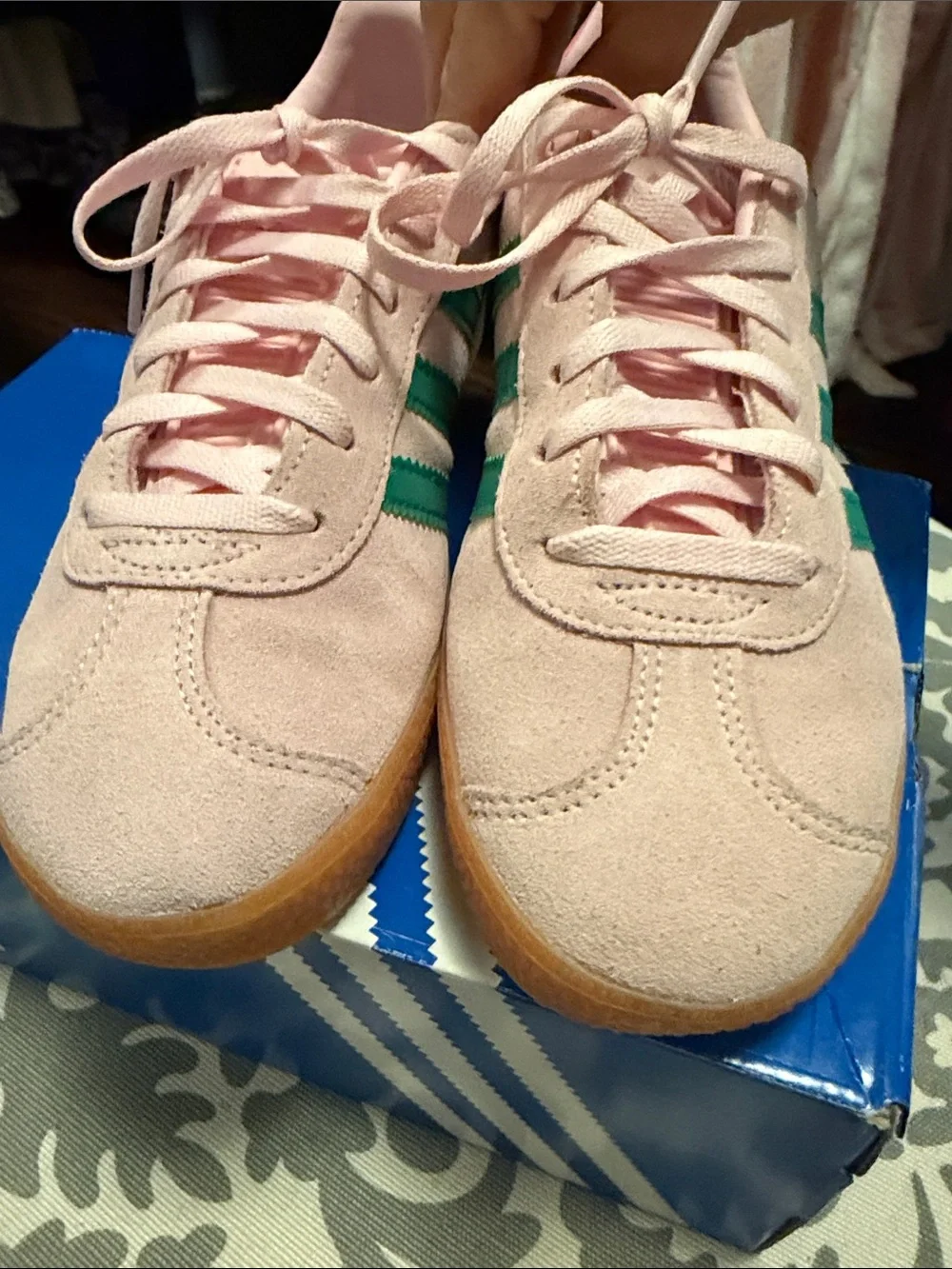 adidas Gazelle Pink Suede Sneakers with Green Three Stripes